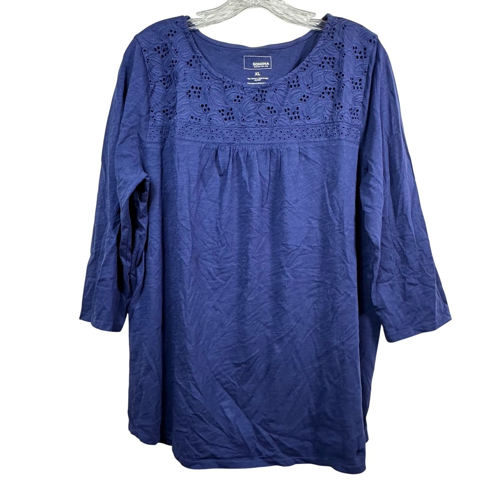 Sonoma Goods For Life Blue Eyelet Embroidered 3/4 Sleeve Cotton Top XL